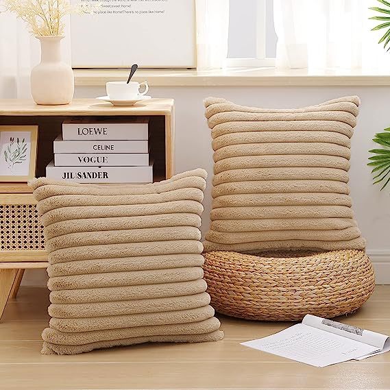 Fluffy Striped Decorative Pillow Covers-Khaki