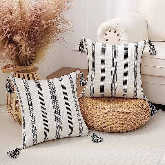 Decorative Woven Striped Pillow Covers with Tassels-Black