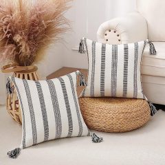 Decorative Woven Striped Pillow Covers with Tassels-Black