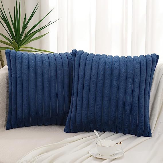 Fluffy Striped Decorative Pillow Covers-Navy Blue