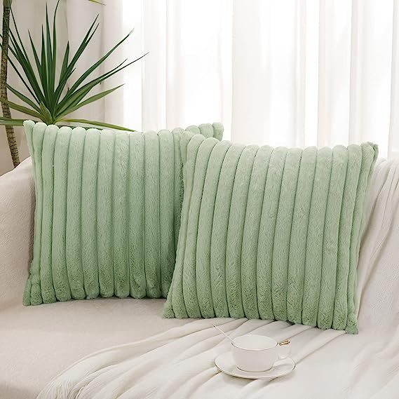 Fluffy Striped Decorative Pillow Covers-Sage Green