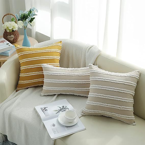 Neutral Striped Pillow Covers-Tan