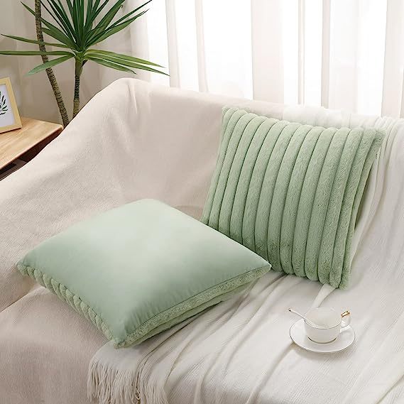 Fluffy Striped Decorative Pillow Covers-Sage Green