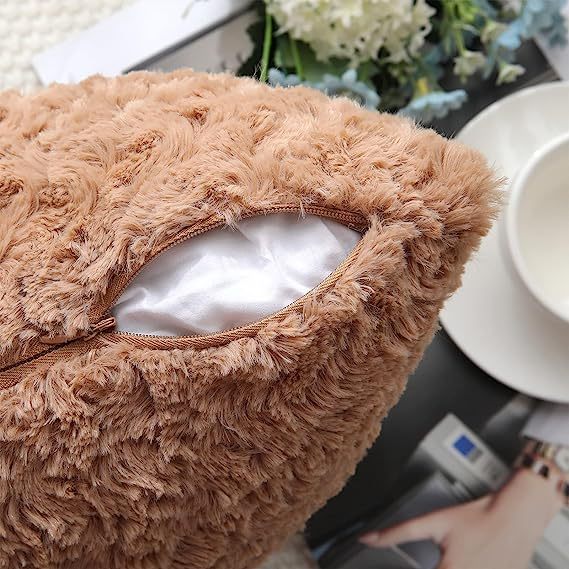 Fur Throw Pillow Covers 3D Rose Pattern-Brown