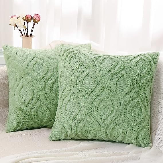 Plush Faux Wool Couch Pillow Covers-Sage Green