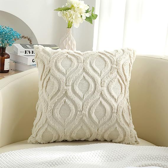Plush Faux Wool Couch Pillow Covers-Beige