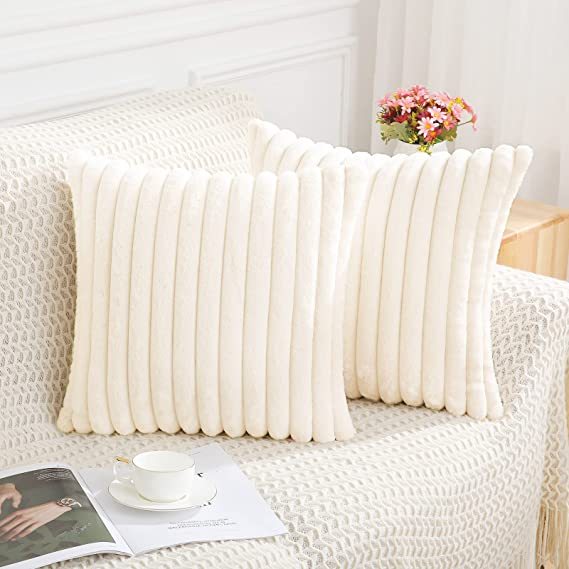 Fluffy Striped Decorative Pillow Covers-Cream White