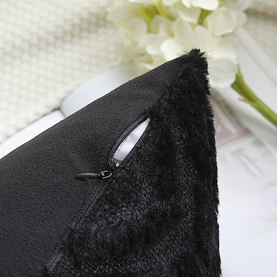 Plush Faux Wool Couch Pillow Covers-Black