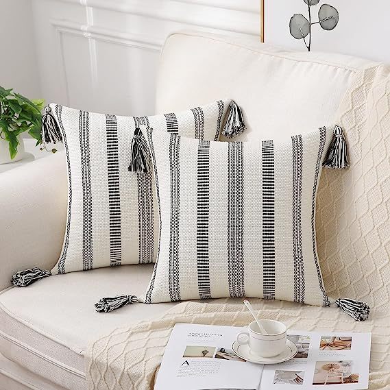 Decorative Woven Striped Pillow Covers with Tassels-Black