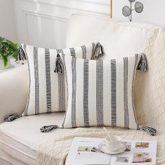 Decorative Woven Striped Pillow Covers with Tassels-Black