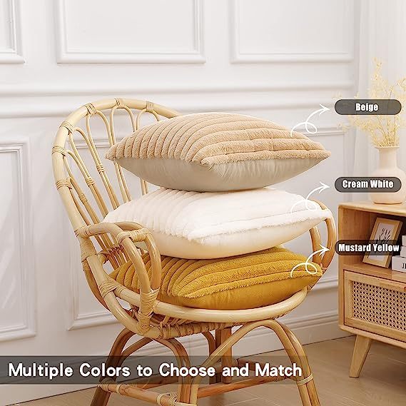 Fluffy Striped Decorative Pillow Covers-Cream White