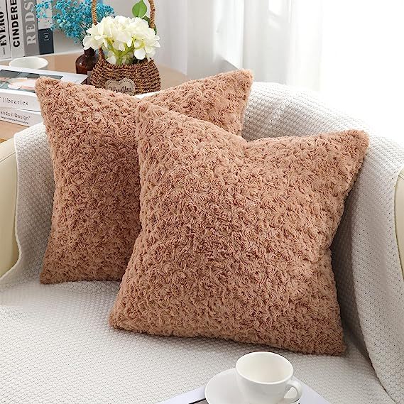 Fur Throw Pillow Covers 3D Rose Pattern-Brown