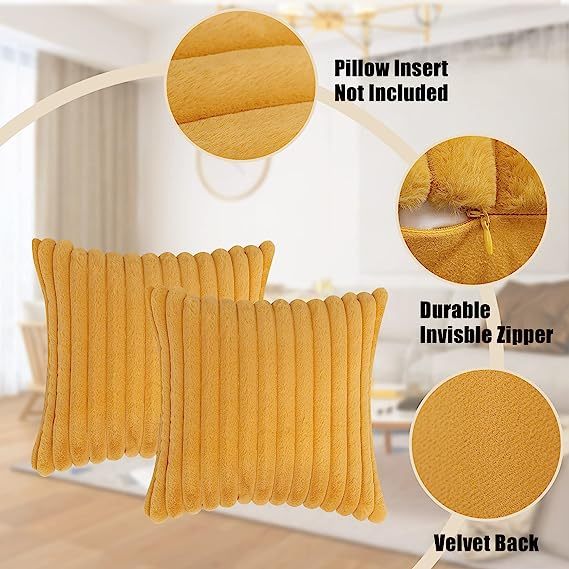 Fluffy Striped Decorative Pillow Covers-Mustard Yellow