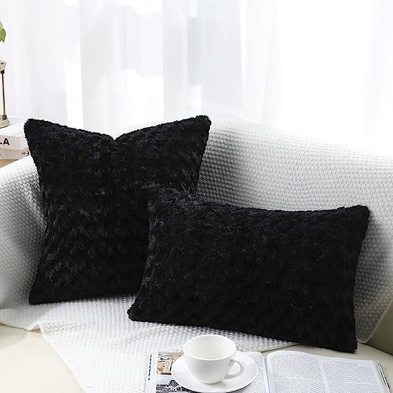 Fur Throw Pillow Covers 3D Rose Pattern-Black