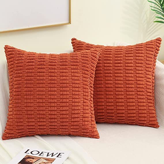 Corduroy Striped Square Pillow Covers-Rust