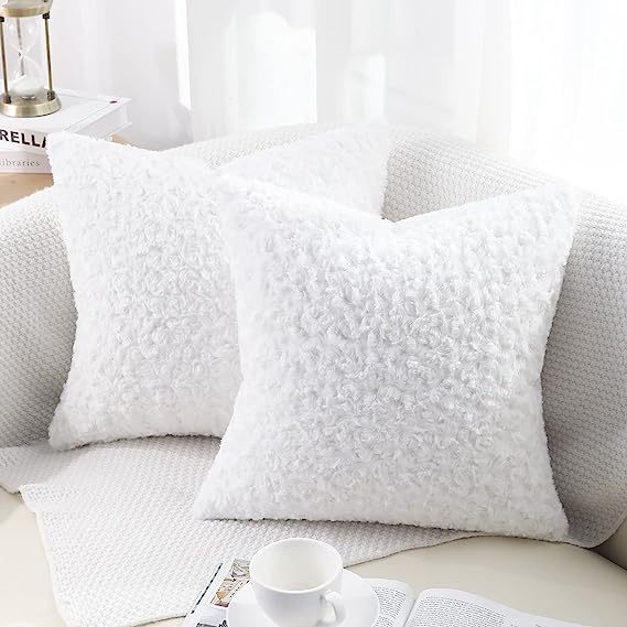 Fur Throw Pillow Covers 3D Rose Pattern-Bright White