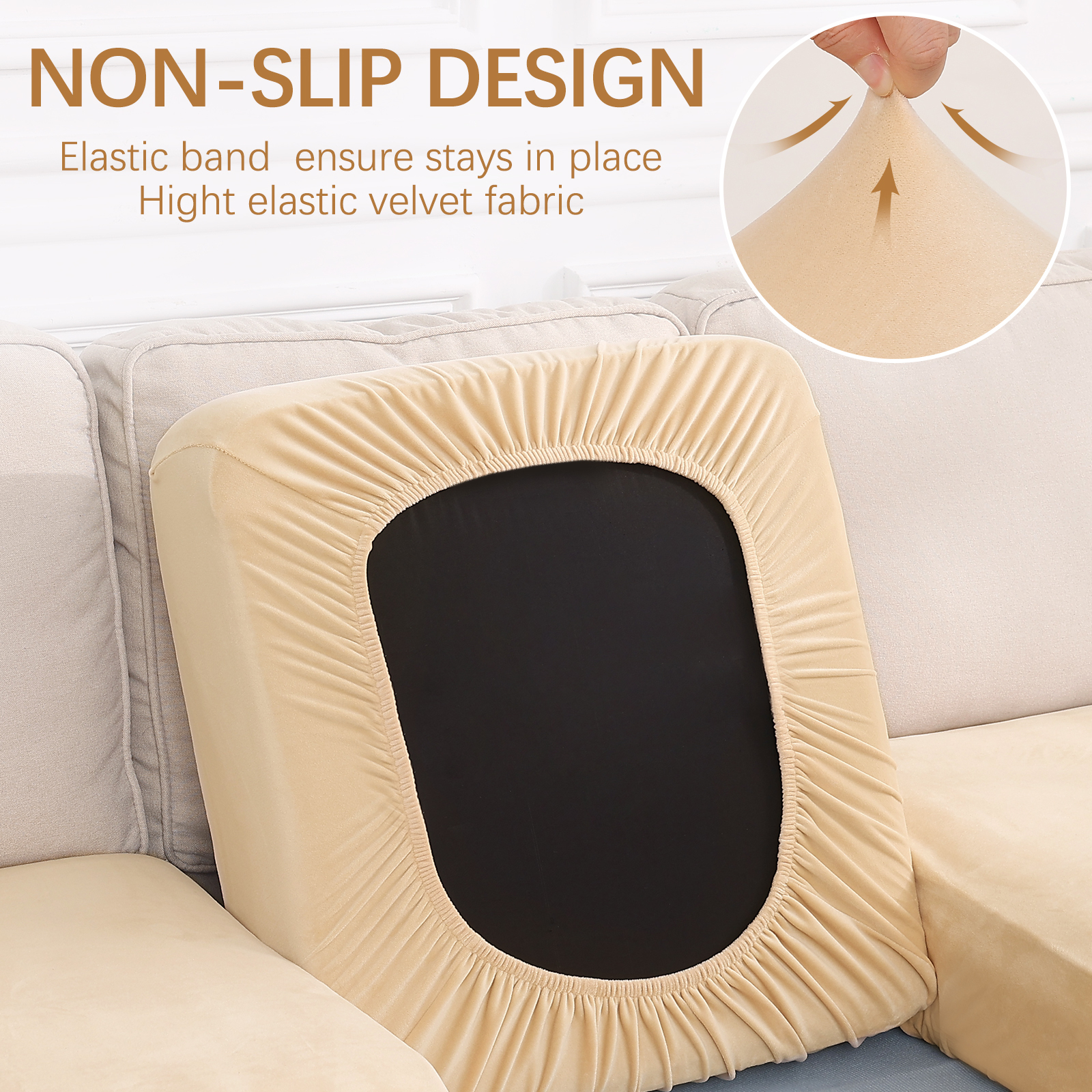 Velvet Stretch Couch Cushion Covers-Beige