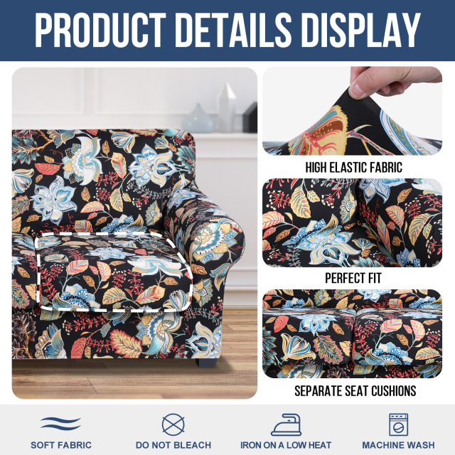 Slipcover-Floral Pattern Printed Sofa Slipcovers-Black