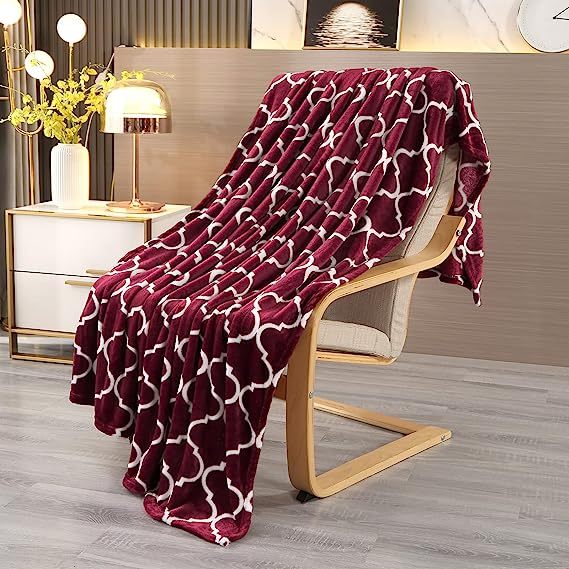 Blanket-Microfiber Lightweight Plush Reversible Throw Blanket-Burgundy and White