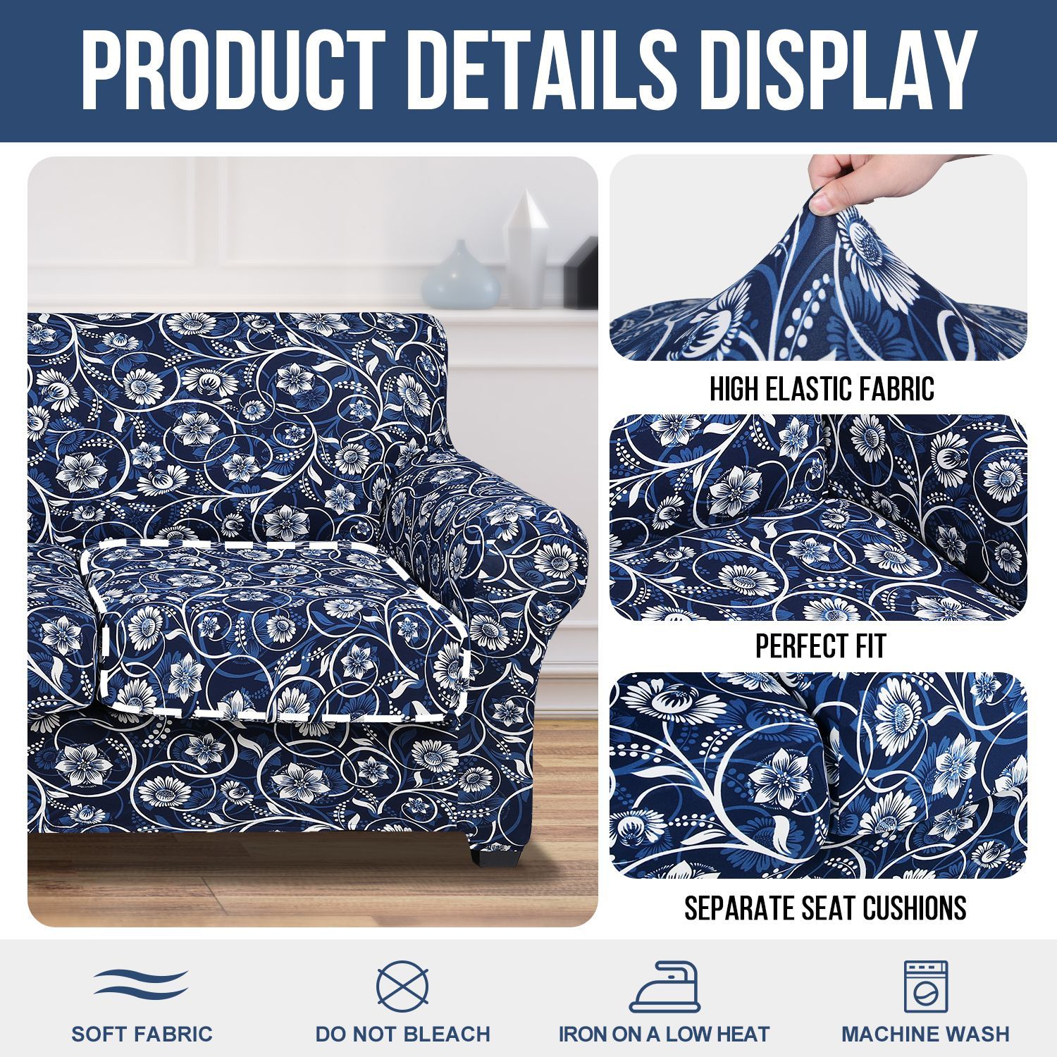 Slipcover-Floral Pattern Printed Sofa Slipcovers-Blue
