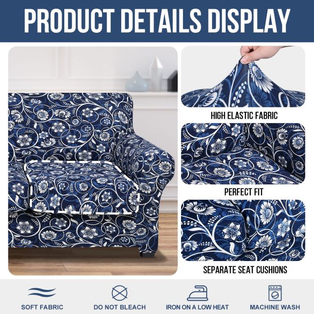 Slipcover-Floral Pattern Printed Sofa Slipcovers-Blue