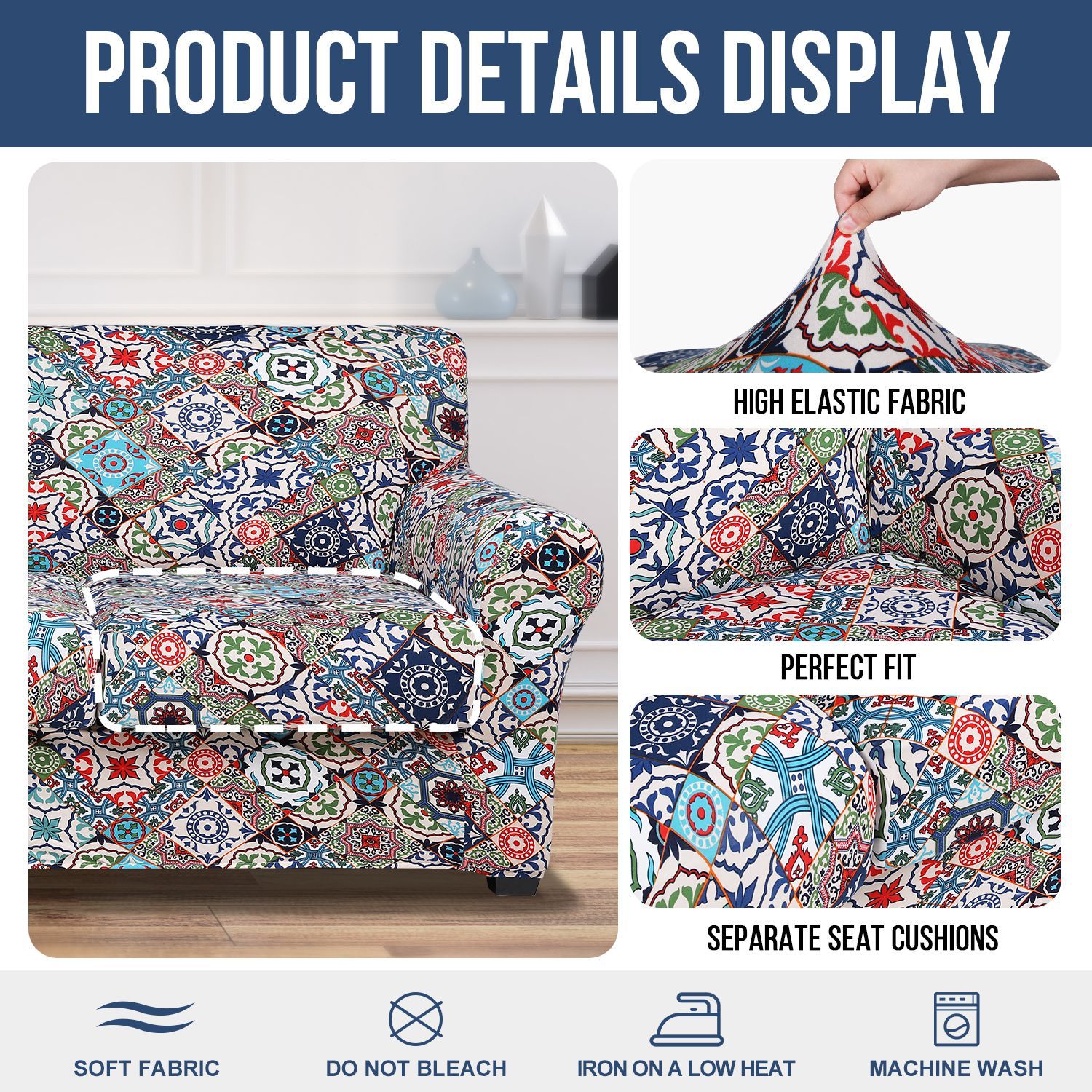 Slipcover-Floral Pattern Printed Sofa Slipcovers-Light Beige