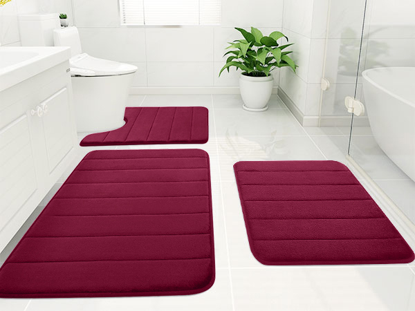 Rugs&Mats-Memory Foam 3 Pieces Bathroom Rug-Wine Red