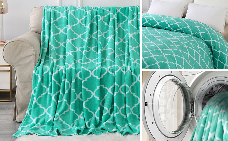 Blanket-Microfiber Lightweight Plush Reversible Throw Blanket-Aqua Green and White