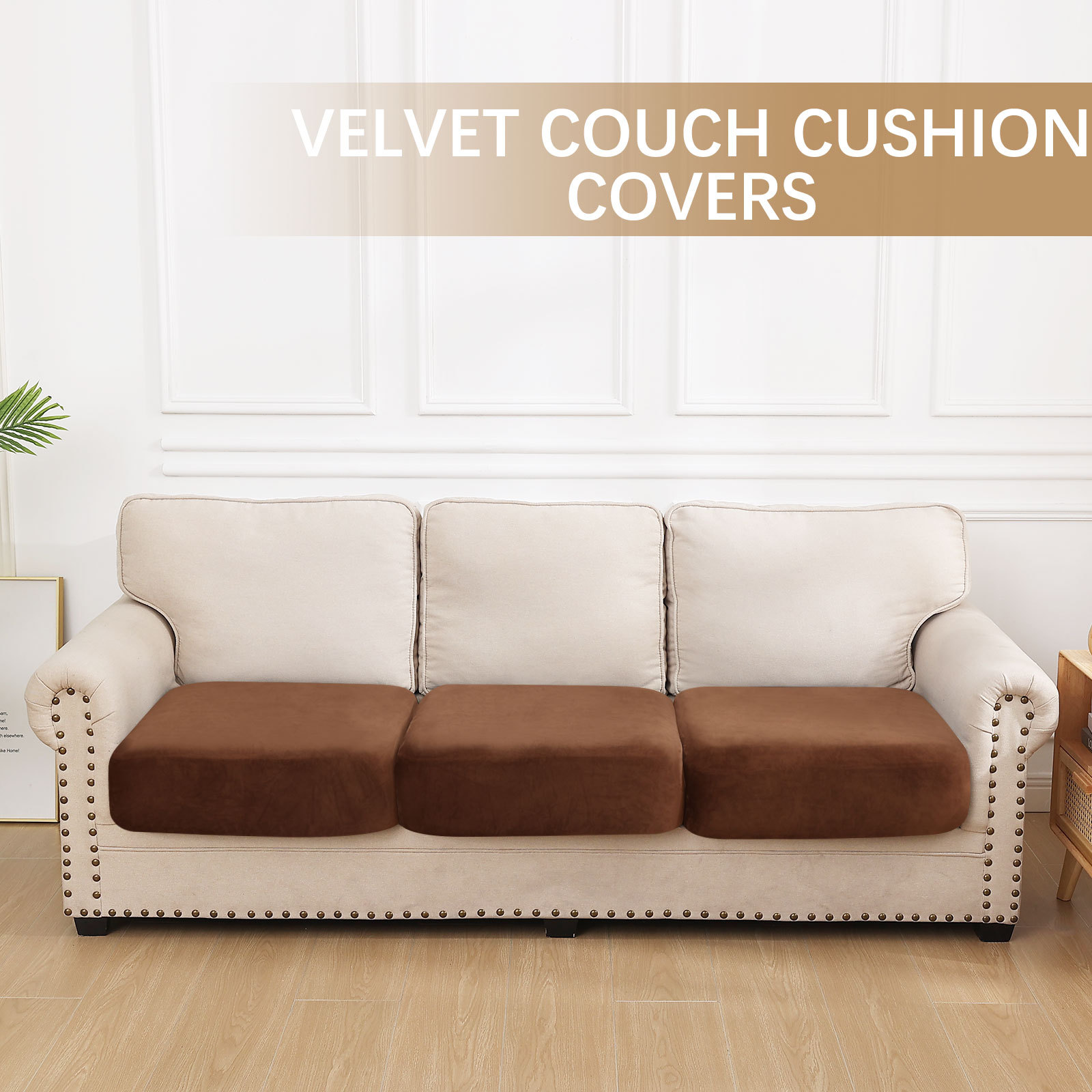 Velvet Stretch Couch Cushion Covers-Brown