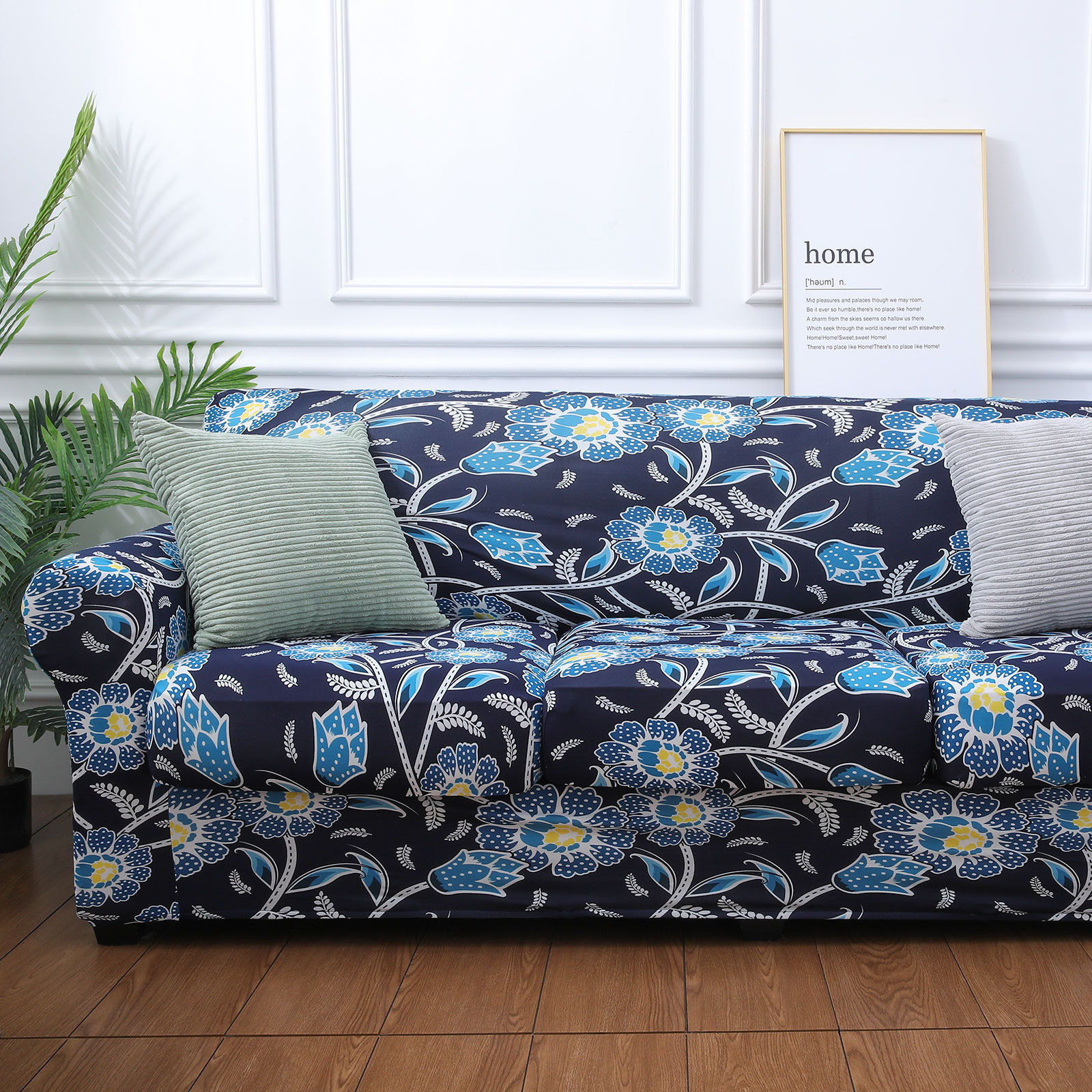 Slipcover-Floral Pattern Printed Sofa Slipcovers-Navy&blue