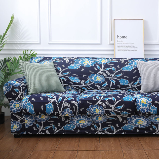 Slipcover-Floral Pattern Printed Sofa Slipcovers-Navy&blue