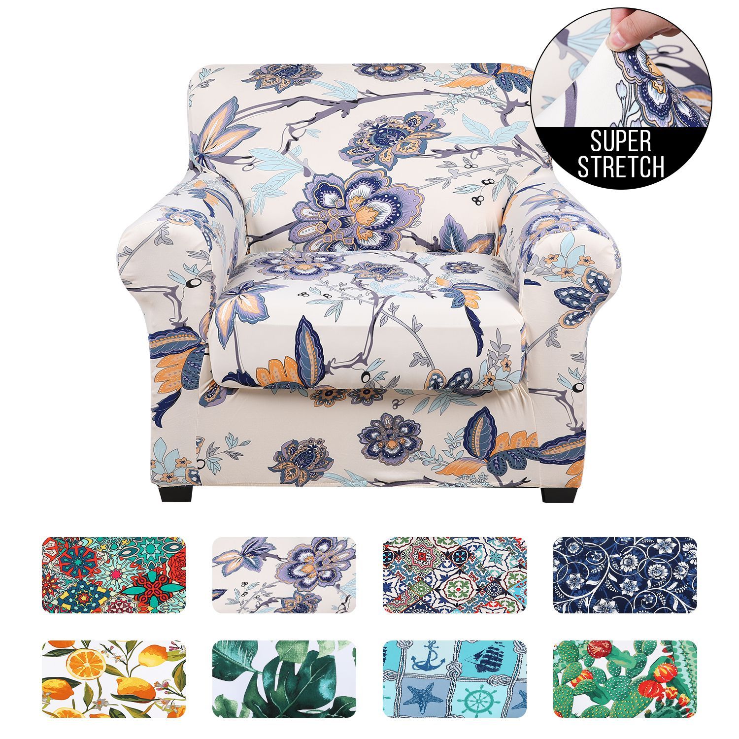 Slipcover-Floral Pattern Printed Sofa Slipcovers-Beige