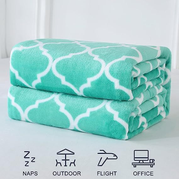 Blanket-Microfiber Lightweight Plush Reversible Throw Blanket-Aqua Green and White