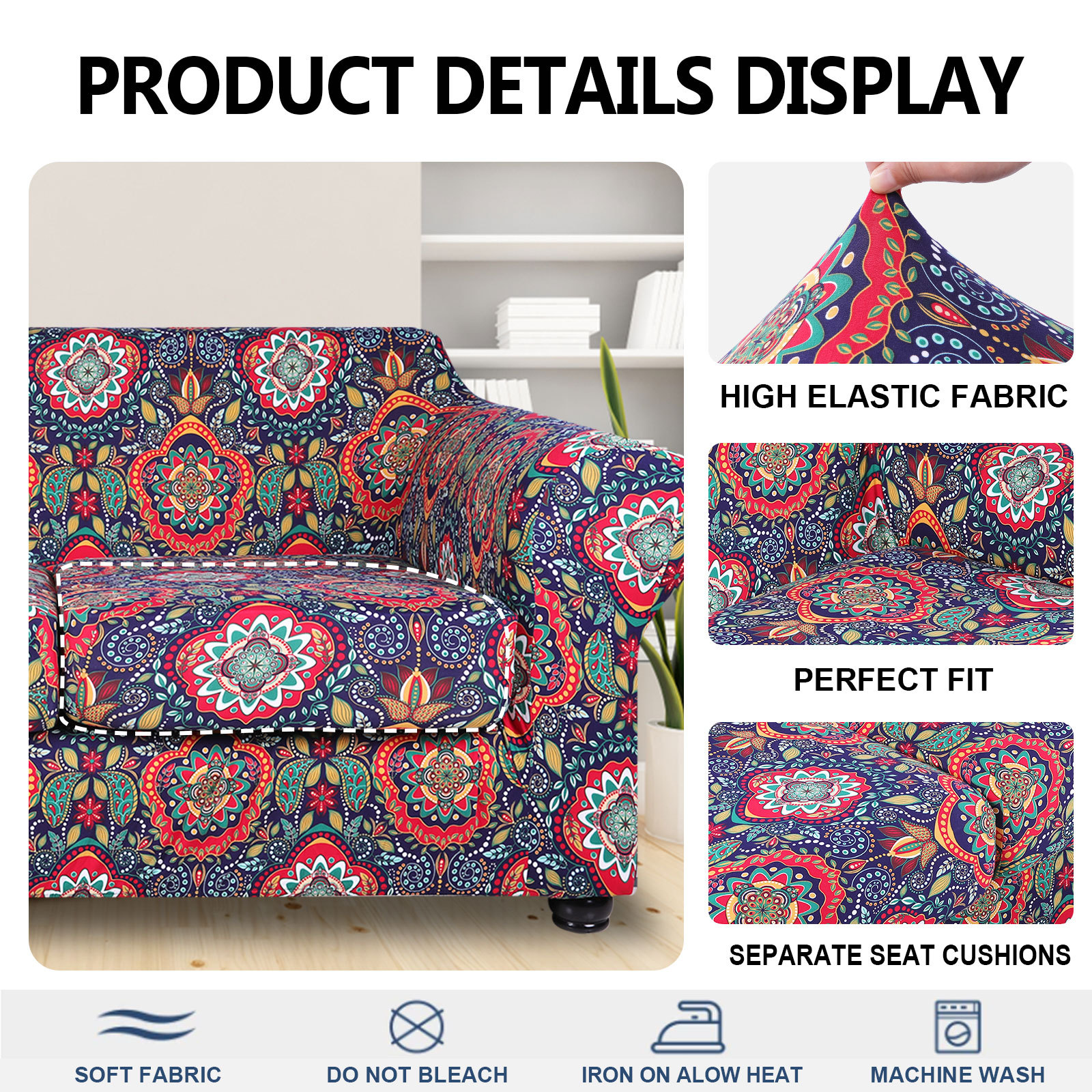 Slipcover-Floral Pattern Printed Sofa Slipcovers-Red&blue