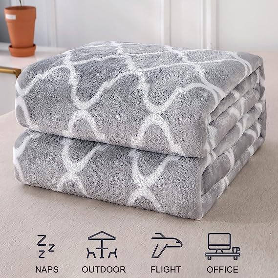 Blanket-Microfiber Lightweight Plush Reversible Throw Blanket-Grey and White