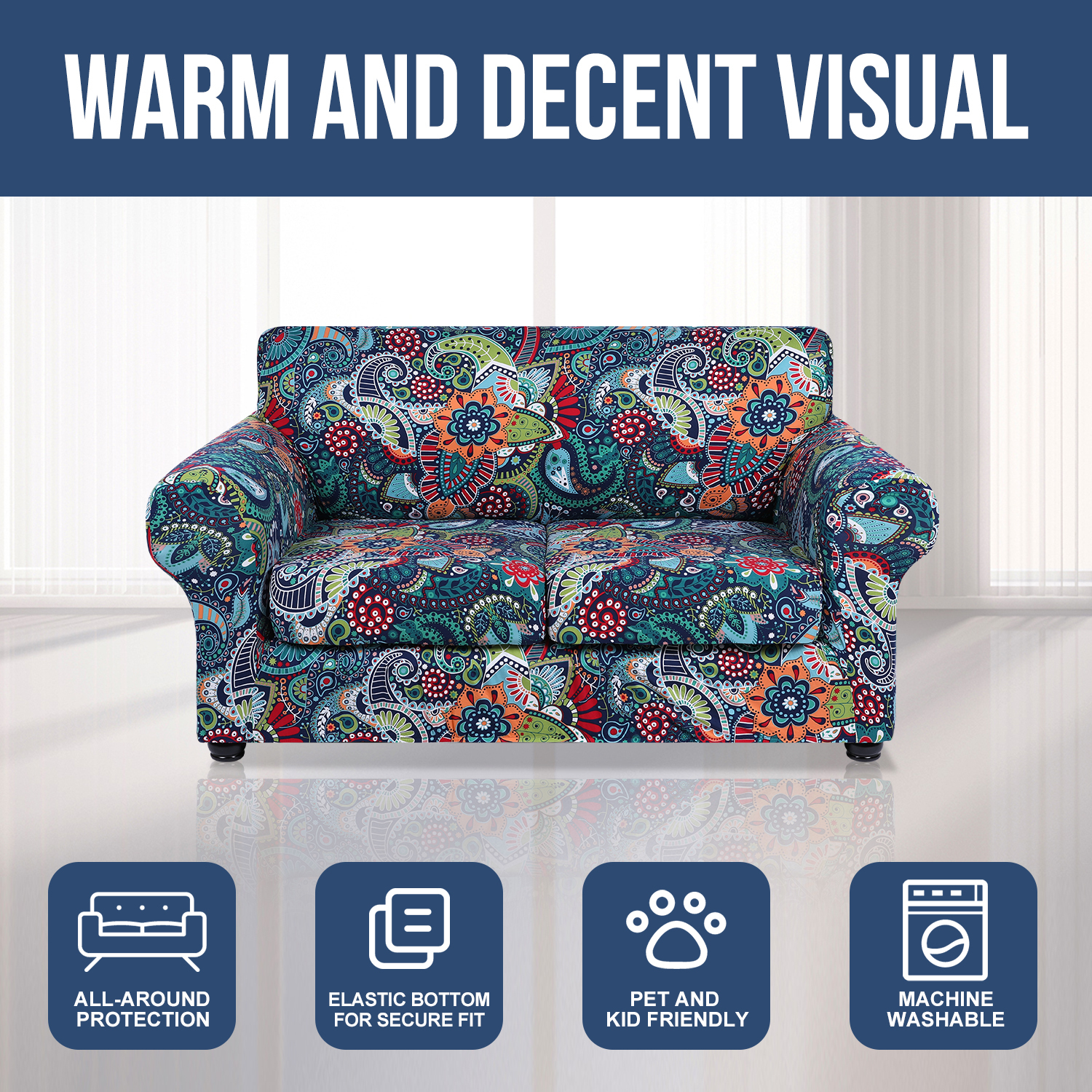 Slipcover-Floral Pattern Printed Sofa Slipcovers-Blue Green