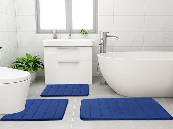 Rugs&Mats-Memory Foam 3 Pieces Bathroom Rug-Navy Blue