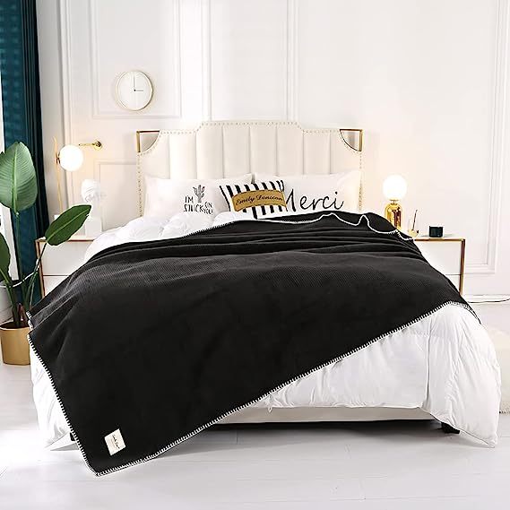 Blanket-Microfiber Lightweight Plush Reversible Throw Blanket-Black waffle
