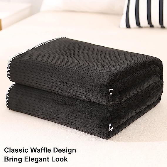 Blanket-Microfiber Lightweight Plush Reversible Throw Blanket-Black waffle