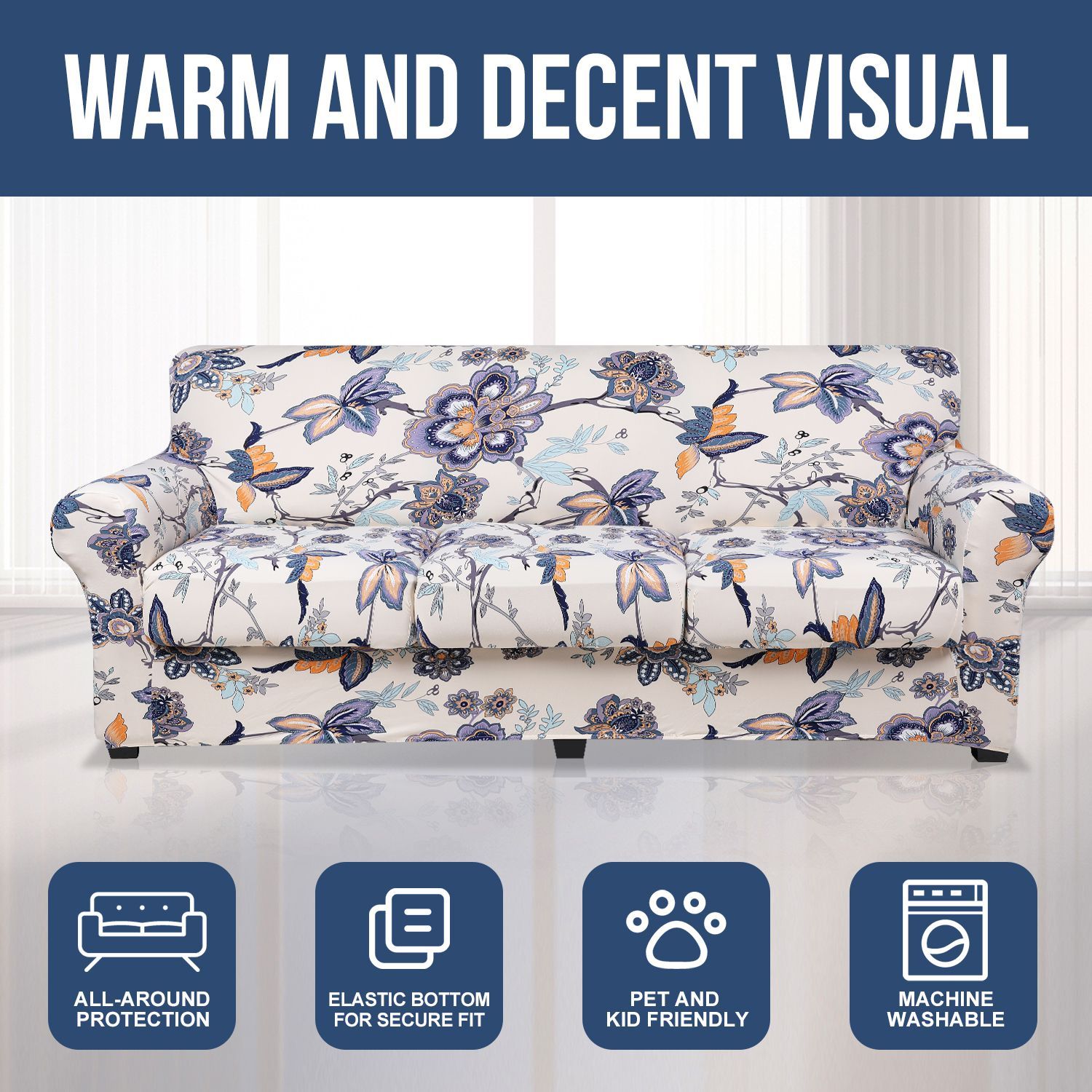 Slipcover-Floral Pattern Printed Sofa Slipcovers-Beige