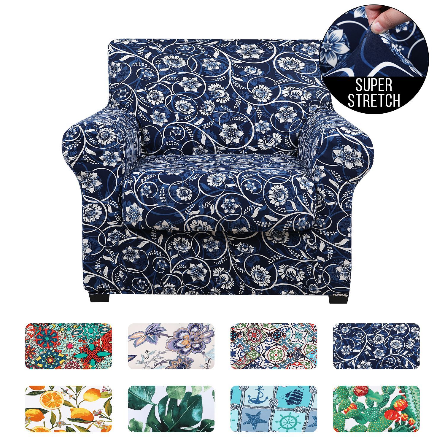 Slipcover-Floral Pattern Printed Sofa Slipcovers-Blue