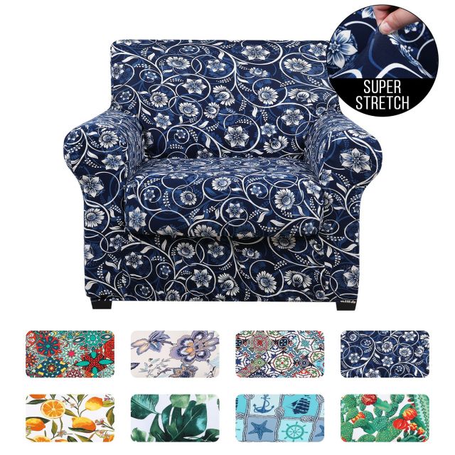 Slipcover-Floral Pattern Printed Sofa Slipcovers-Blue