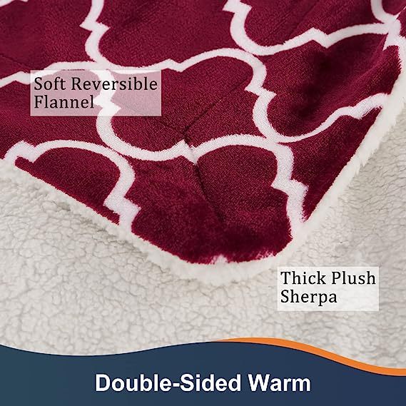 Blanket-Microfiber Lightweight Plush Reversible Throw Blanket-Burgundy and White With Sherpa