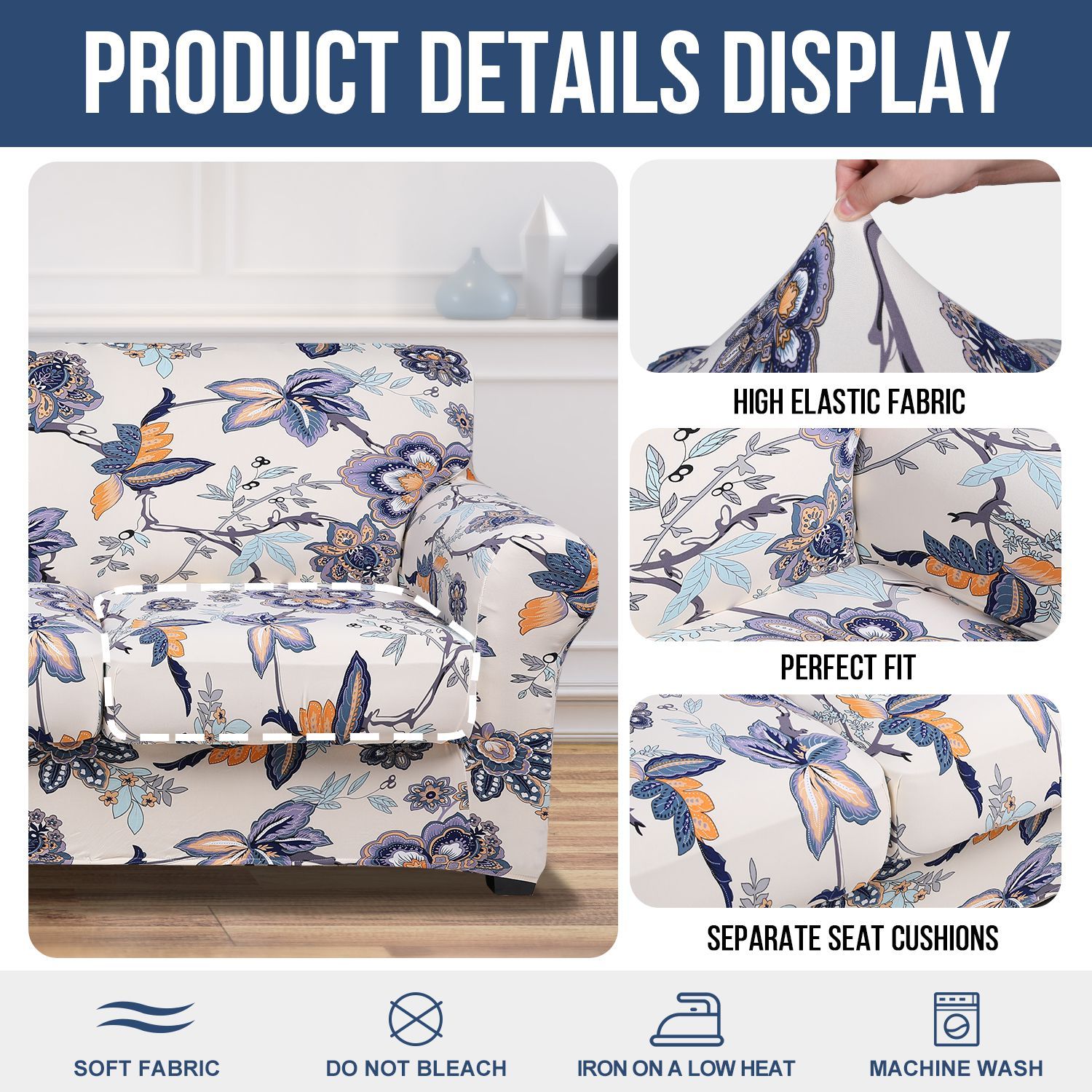 Slipcover-Floral Pattern Printed Sofa Slipcovers-Beige