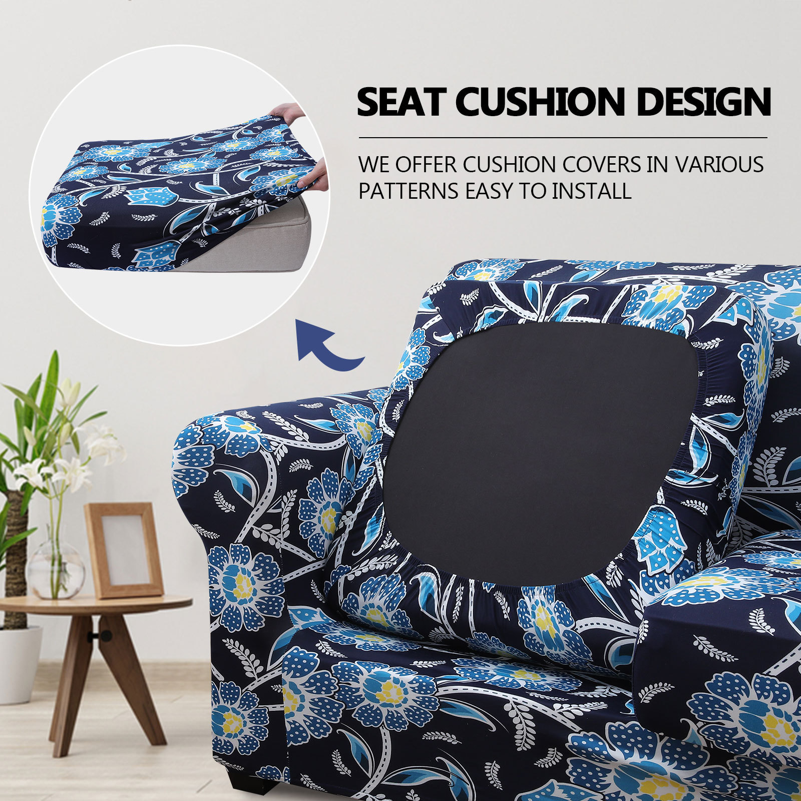 Slipcover-Floral Pattern Printed Sofa Slipcovers-Navy&blue