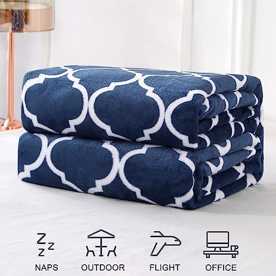 Blanket-Microfiber Lightweight Plush Reversible Throw Blanket-Navy Blue and White