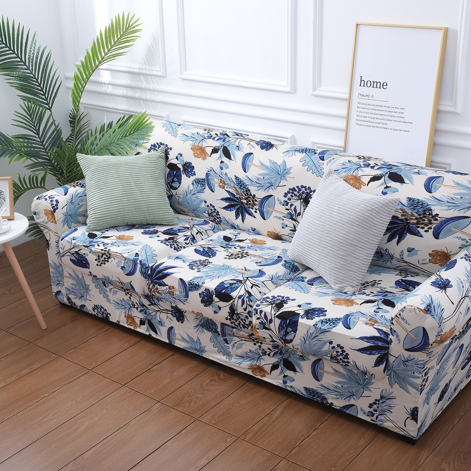 Slipcover-Floral Pattern Printed Sofa Slipcovers-Beige&blue