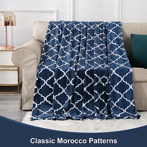 Blanket-Microfiber Lightweight Plush Reversible Throw Blanket-Navy Blue and White