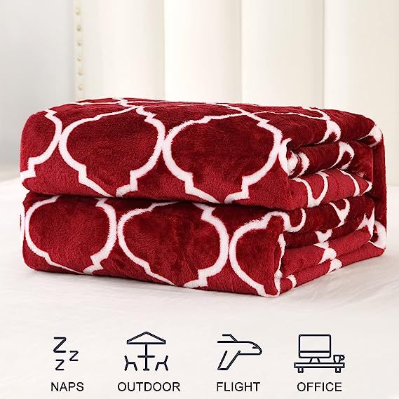 Blanket-Microfiber Lightweight Plush Reversible Throw Blanket-Burgundy and White