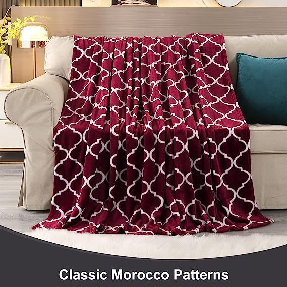 Blanket-Microfiber Lightweight Plush Reversible Throw Blanket-Burgundy and White